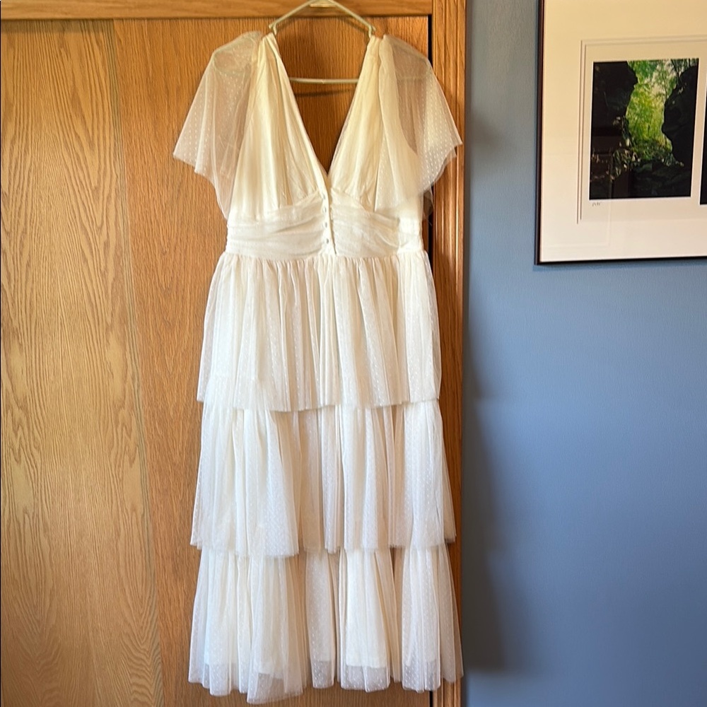 Baltic Born Cream Plunge Neck Flutter Sleeve Dress